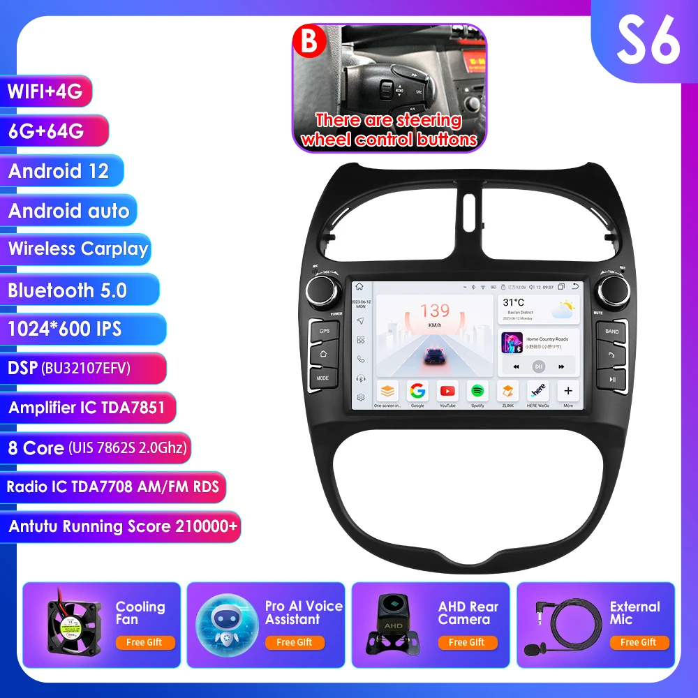 OSSURET 7" Android 14 Autoradio voor PEUGEOT 206 206CC 206SW 2000 - 2008 Carplay Multimedia Speler GPS Navi Stereo Audio