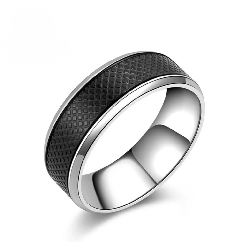 Schwarz-weiße geometrische Ringe aus Edelstahl für Herren, personalisierbar, modischer Ehering, Geschenk – Detail 2