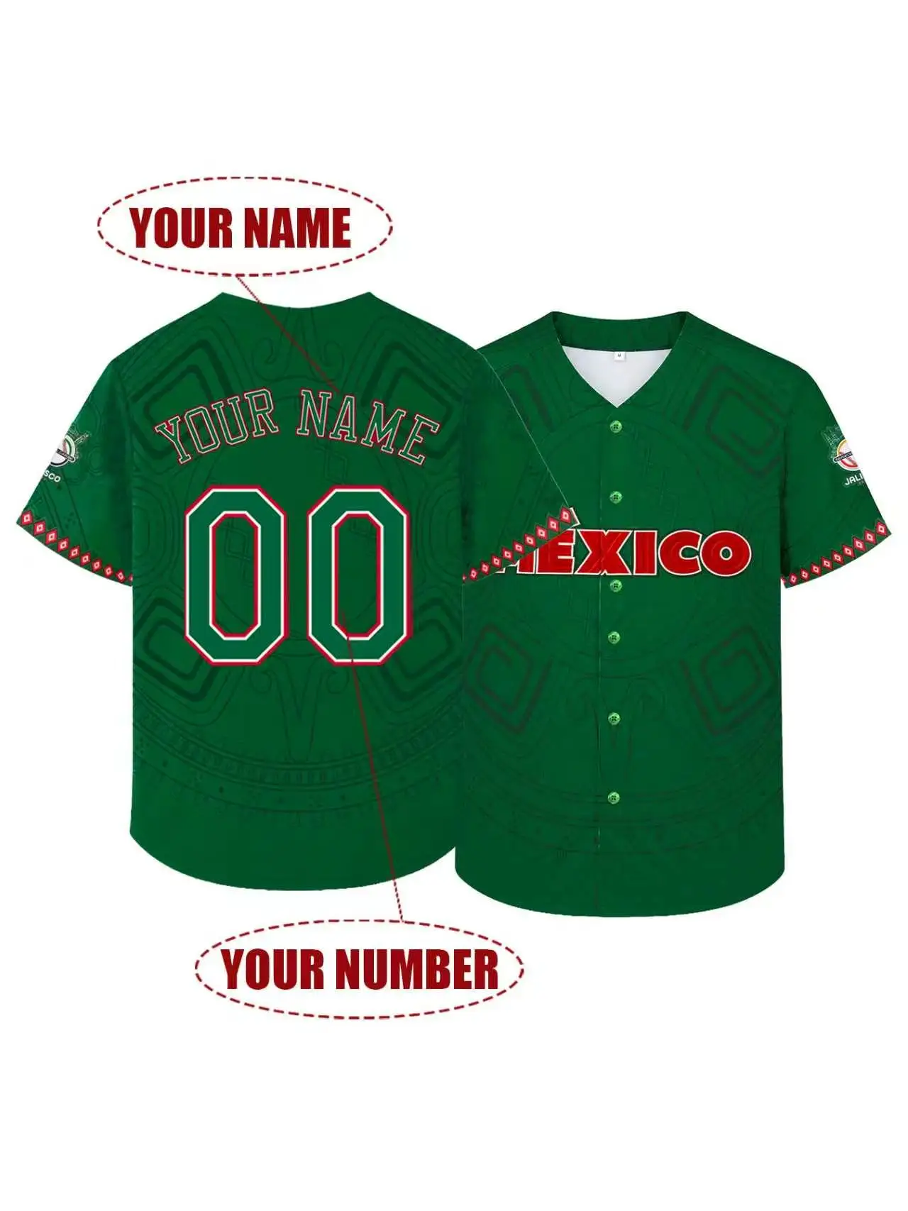 Custom Green Mexico Aztec Baseball Jersey Personalized Name Number Sports Shirt For Men Women Fans Casual Short Sleeve Tops Gift