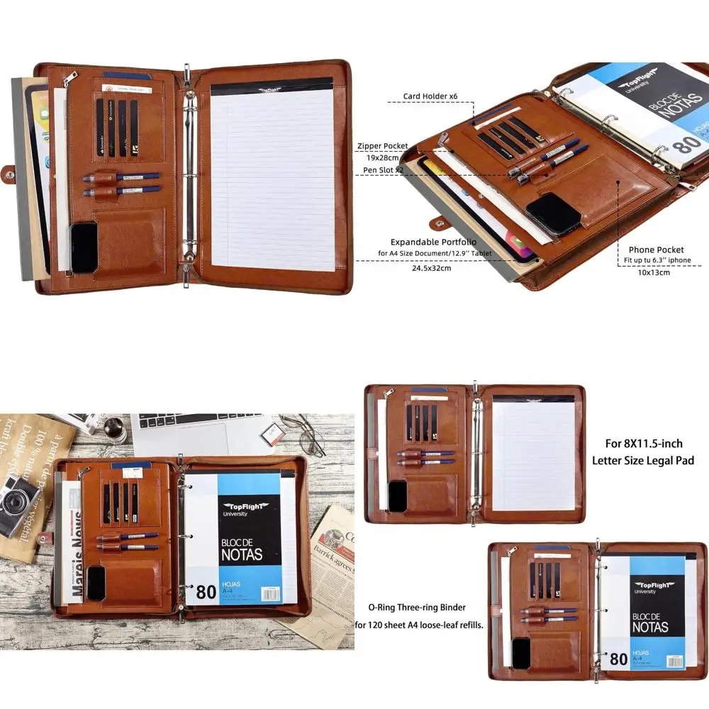 

Vegan Leather Portfolio, 3-Ring Binder Padfolio, Brown Zippered Binder Portfolio, Handcrafted Organizer