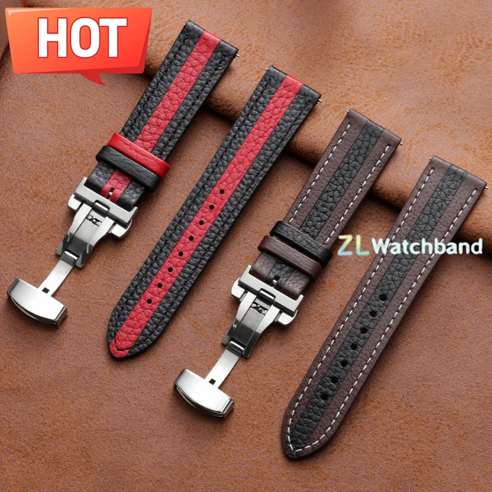 Bracelet de montre en cuir de veau véritable, 20mm 22mm, pour Omega Business, bracelet de montre Seiko, boucle papillon, sangle colorée