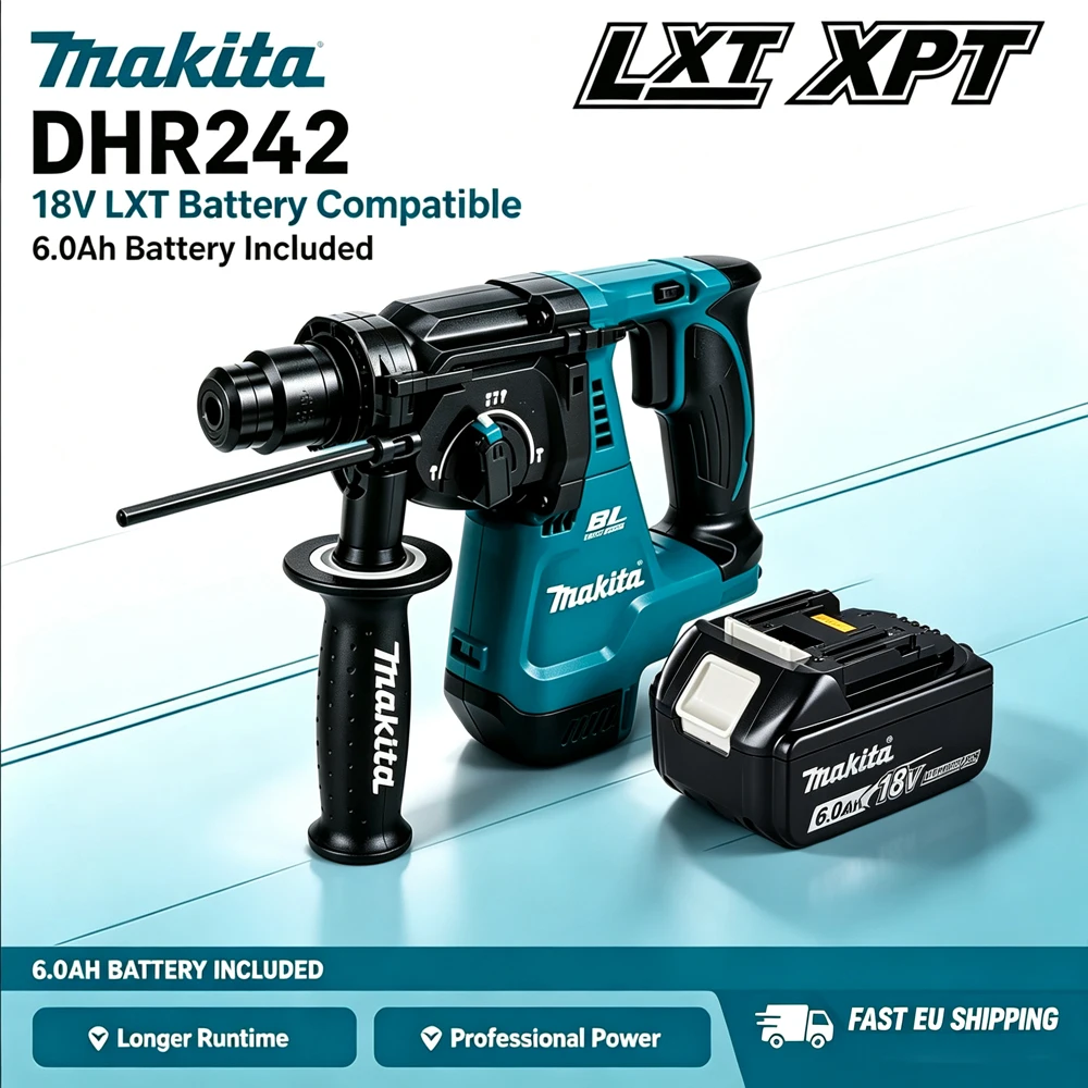 Trapano a percussione rotante Makita DHR242 18V LXT, senza spazzole, con attacco SDS-Plus da 24 mm, 3 modalità, impatto da 2,0 J, con batteria da 6,0 Ah, utensile elettrico professionale per
