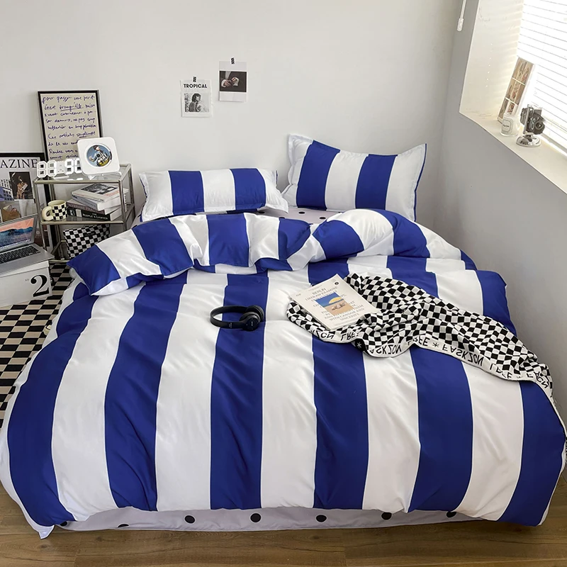 1PC Quilt Cover: Blue-White Wide Stripe (Black Dot Trim), Minimalist Trendy Vibe, Skin-Friendly, Fits Single/Double Beds