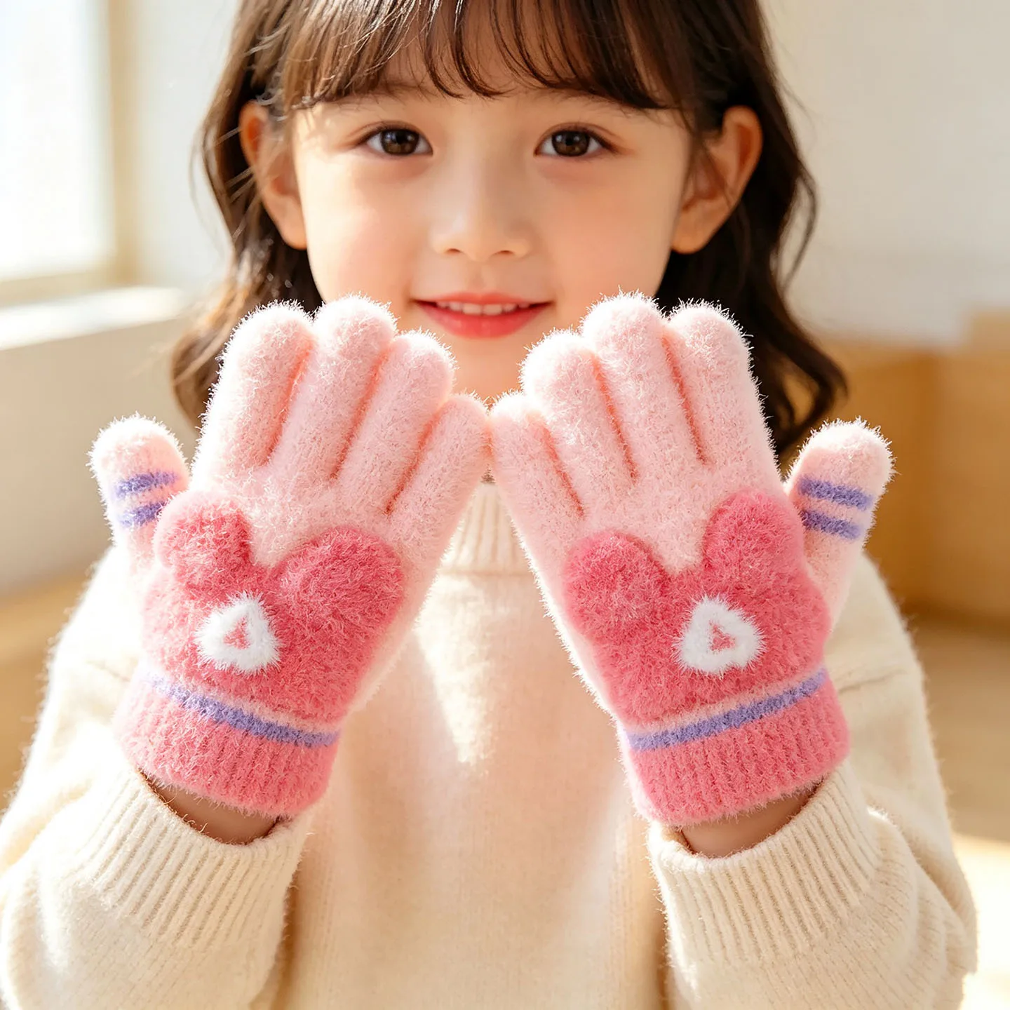 3-6 Jahre Winter-Plüschhandschuhe mit 3D-Tierohren, Farbblock-Design, winddicht, warm, mit vollem Fingerbereich, für Kleinkinder, Jungen und Mädchen – Detail 1