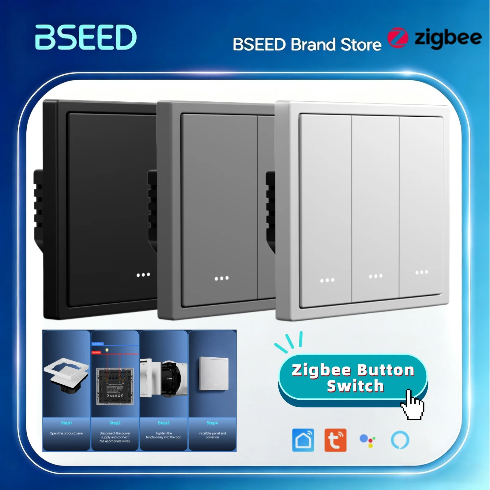 BSEED Zigbee Click Light Switch 1/2/3/4Gang Smart Button Switch Plastic Frame Tuya Smart Life Alexa Control Need Neutral Line
