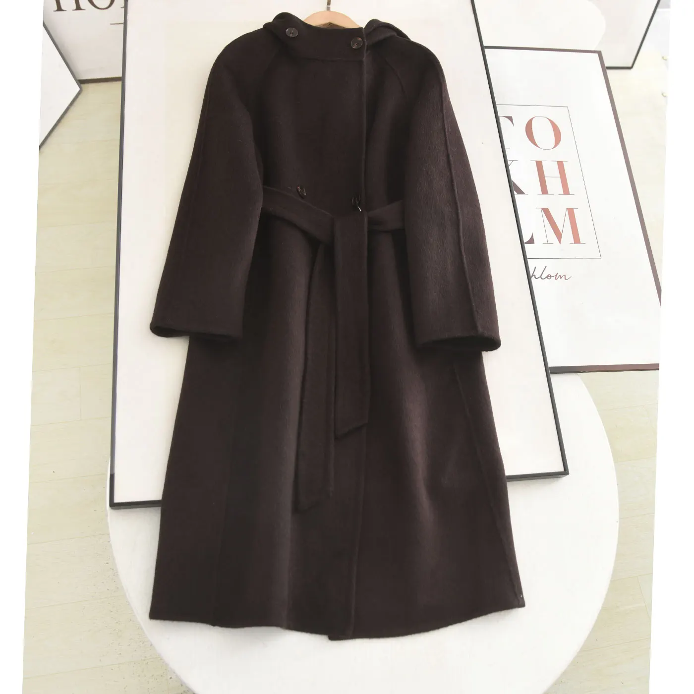 

McSystem 2025, новое зимнее корейское свободное шерстяное пальто Elely Lazy Sle, длинная двусторонняя твидовая верхняя одежда с капюшоном