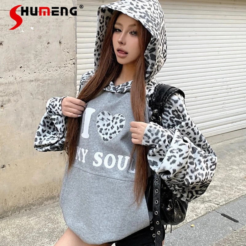 

Fleece Lined Hooded Sweatshirt for Women New Autumn Winter Leopard Print Hoodies Female Japanese Style Lolita Sweatshirts