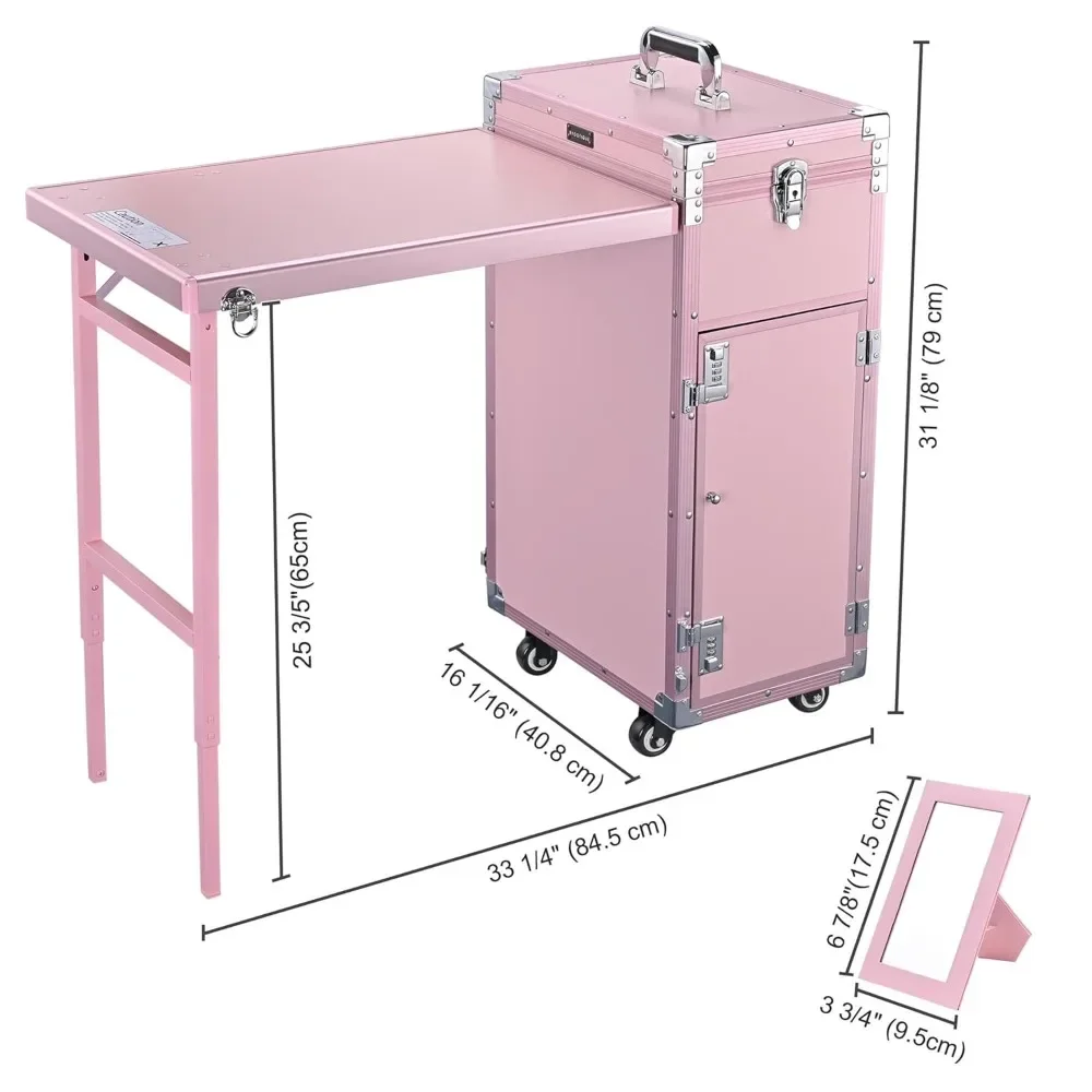 Foldable Rolling Manicure Table Nail Desk Makeup Train Case with 4 Drawers Mirror & Speaker