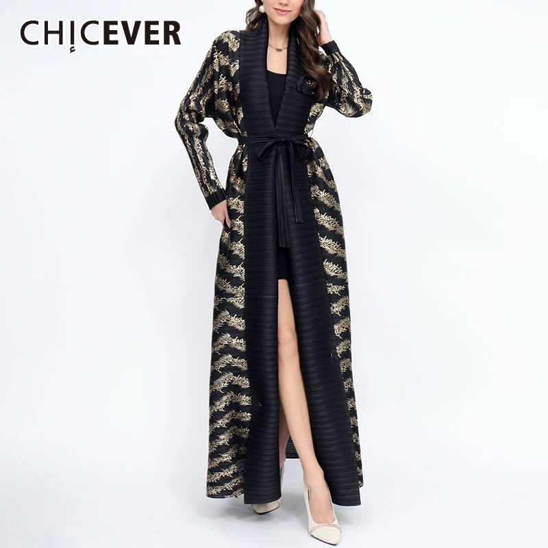 

CHICEVER Colorblock Printing Women's Long Coat V Neck Long Sleeve Spliced Lace Up Casual Office Muslim Outwear Female Autumn New