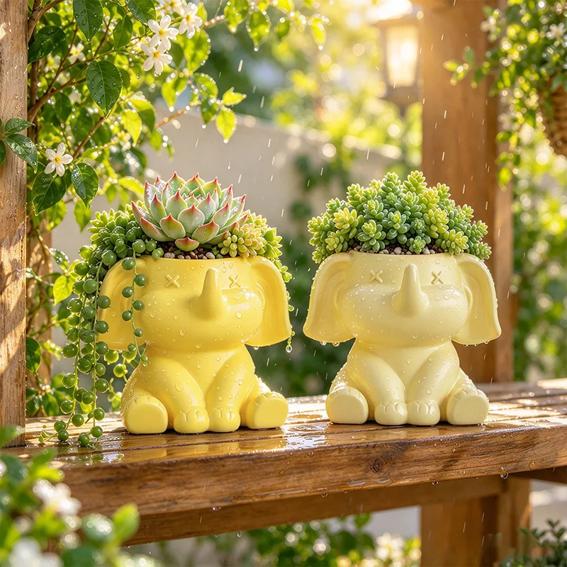 Resin ABS Cartoon Elephant Figurine Succulent Flower Pot Cute Animal Mini Planter Desktop Window Sill Home Balcony Decor Gift
