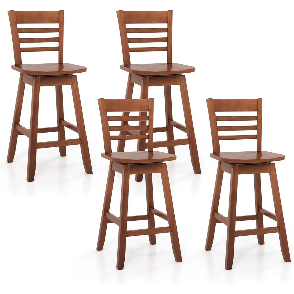 

Set of 4 Swivel Counter Height Bar Stools, 24.5 Walnut Wooden Stools with Slatted Back and Contoured Seat for Kitchen Island or