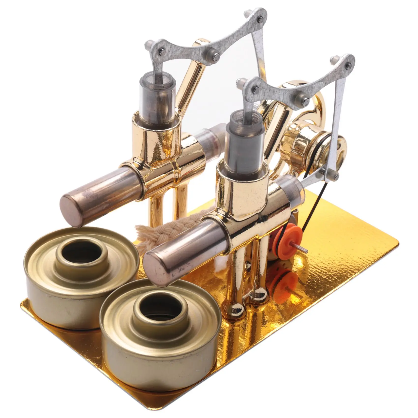 Golden Double Cylinder Stirling Engine Model Bulb External Combustion Heat Steam Power Physics Science Experiment Engine