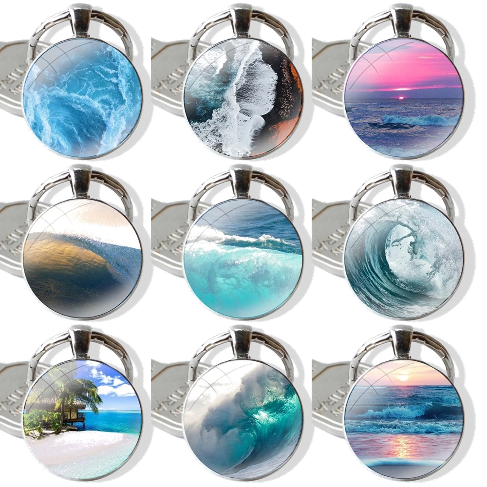 Keychain Handmade Glass Cabochon Key Ring Holder Pendant Key Chains Summer nature sea blue Ocean Waves