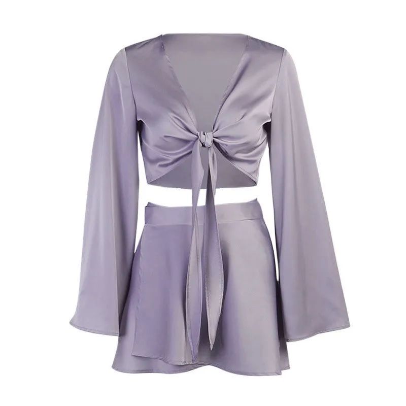 Sexy Y2k Two Piece Set Women Autumn White Lantern Long Sleeve Crop Cardigan Tops Elegant Suits Lace Up Wrap Sexy Mini Skirts