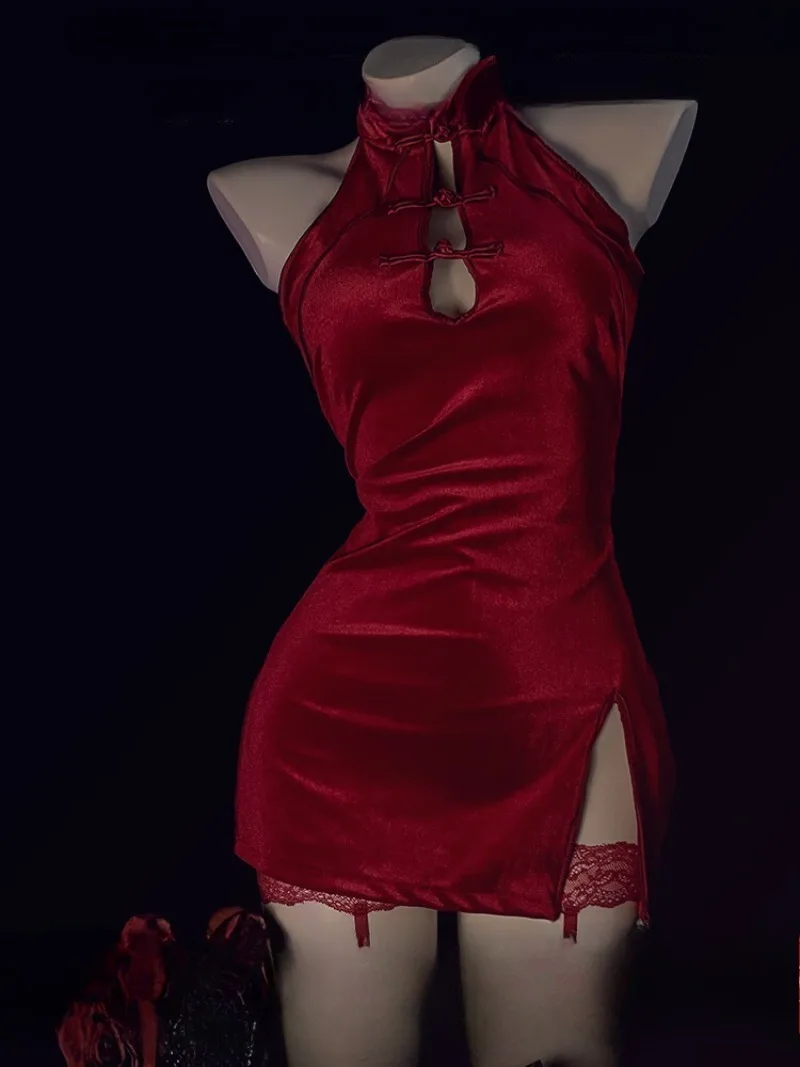 

Velvet Slit Cheongsam Nightgown,Sexy Ancient Style Lingerie,Hot Retro Pajamas,Seductive and Pure Desire Sleepwear