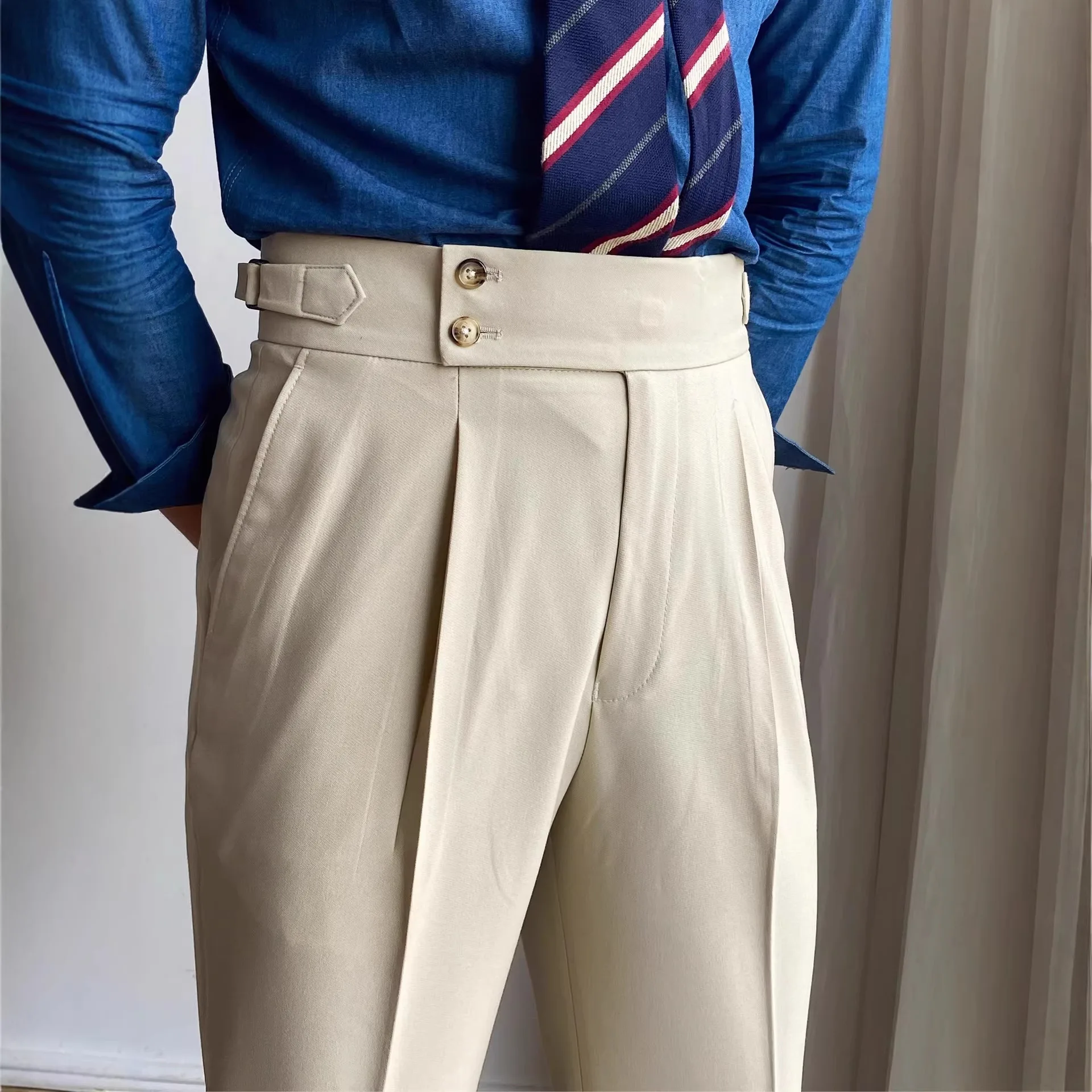 Pantalones Casuales de Hombre de Cintura Alta y Pierna Recta, Estilo Napolitano, Sin Plancha, de Negocios, Italianos, con Hebilla Parisina, Largos