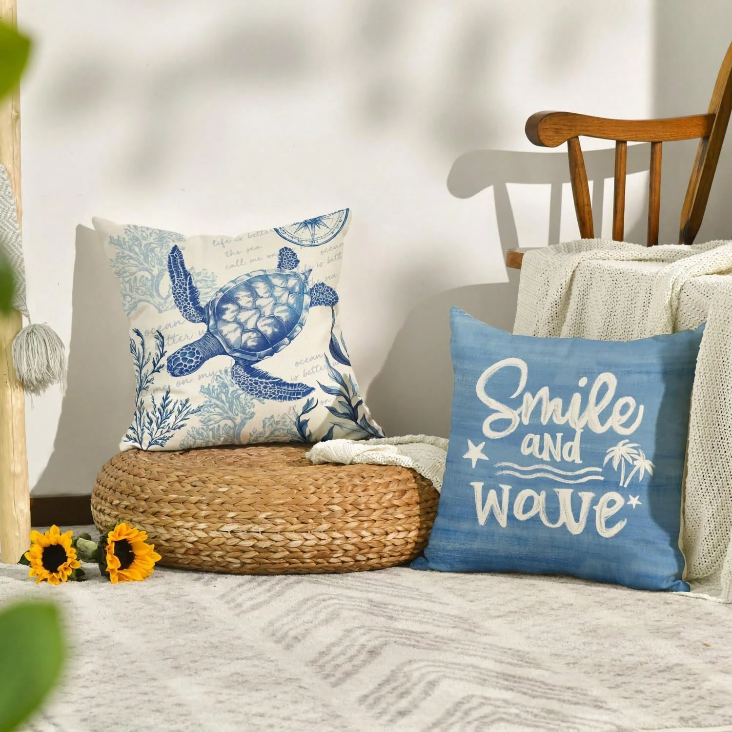 4pcs Summer Ocean Turtle Smile Wave Pillowcase, Exquisite Beach Coral And Starfish Holiday Decorative Pillow Cover Set