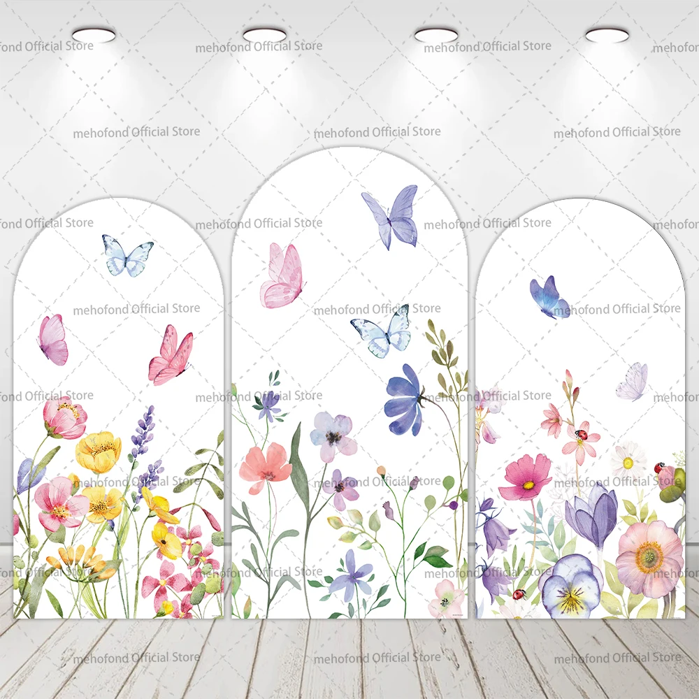 Mehofond Custom 2-Sided Pink Flowers Butterfly Girls Birthday Party Baby Shower Cover Chiara Arch Wall Background Decor Backdrop