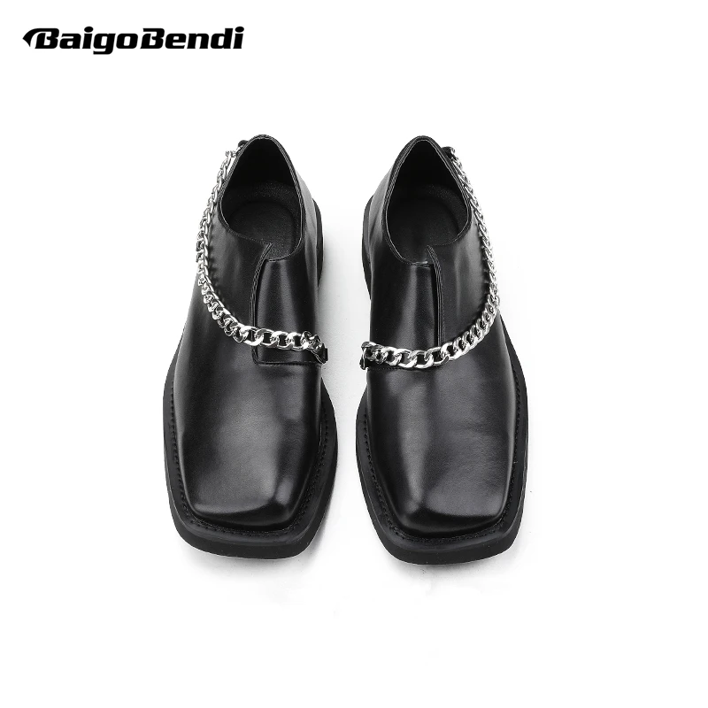 Modeshow Mannen Metalen Ketting Slip-On Leren Schoenen Moderne Jonge Man Trendy Oxfords Comfort Vierkante Teen Mannelijke gift