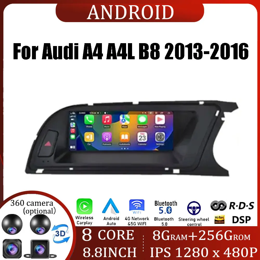 

RHD 8.8 Inch Android 14 Touch Screen For Audi A4 A4L B8 2013-2016 Car Accessories Carplay Monitors Multimedia Audio Radio Player