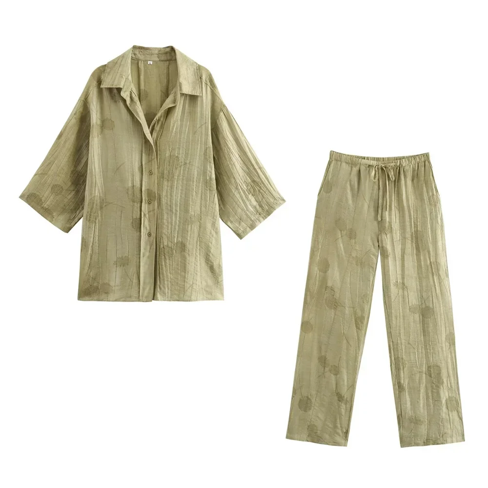 

LIBIELIY 2025 Summer New Women's Lazy Style Retro Series Jacquard Loose Single Breasted Shirt Elastic Waist Pants Set