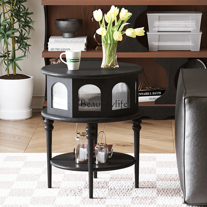 

French retro solid wood edge few living room sofa side American medieval black corner few round storage