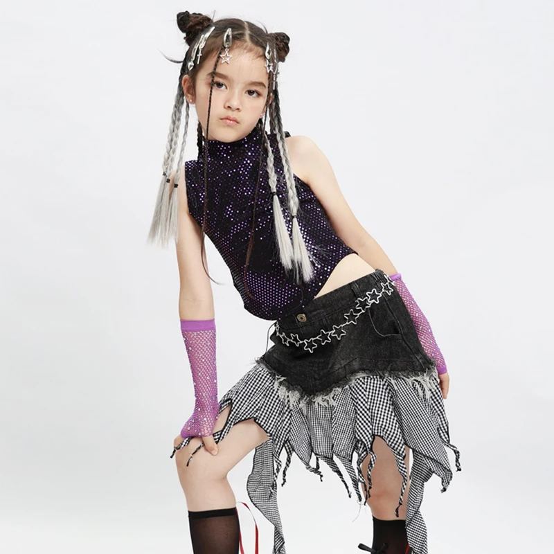 Children'S Kpop Stage Outfits Sequins Vest Irregular Skirt Girls Cheerleading Jazz Dance Costume Kids Hip Hop Clothing XS8304