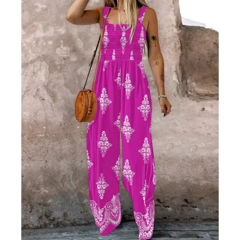 

New Women Print Sling Sleeveless Jumpsuits Ladies Casual Wide Leg High Waist Casual Loose Rompers