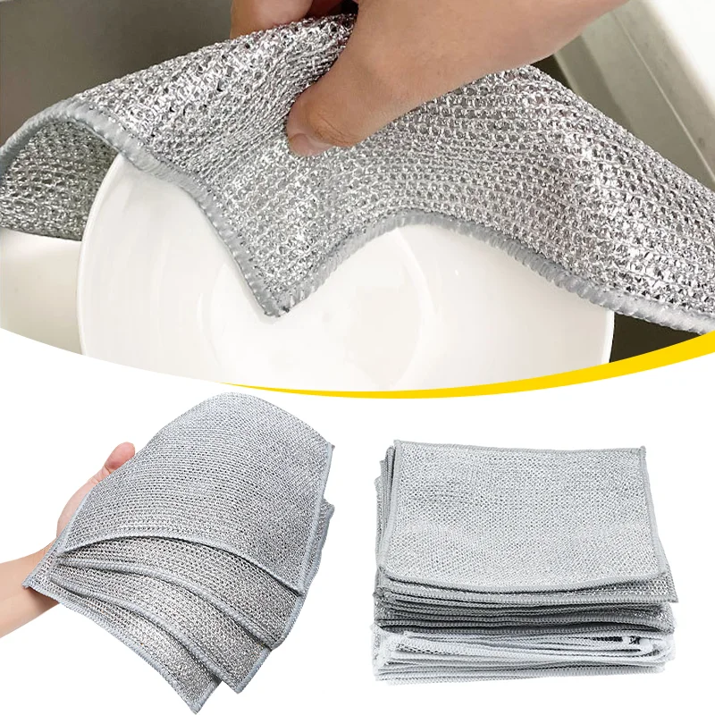 Steel Wire Deep Cleaning Cloth Brush Double -layer Non Stick Oil Dishrag Magic Coffee Stain Pan Rag Kitchen Cleaning Supplies