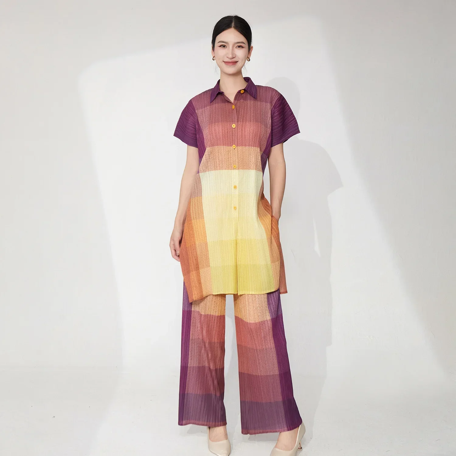 

Women Folding Set with Collar Short Sleeve Gradient Color Long Top High Waist Casual Loose Large Pants 2025 New Clothing