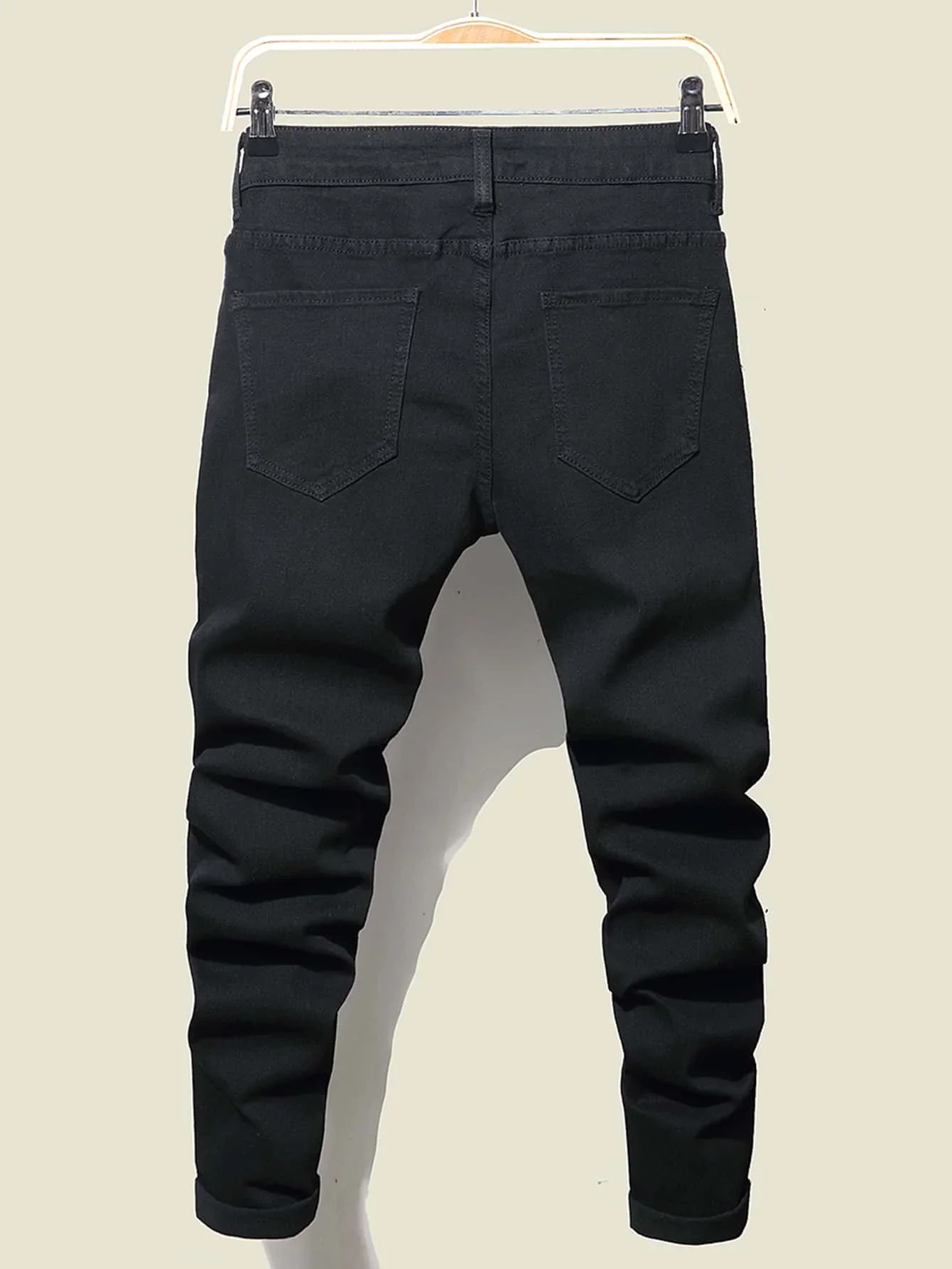 Streetwear Knee Ripped Skinny Jeans for Men Hip Hop Fashion Destroyed Hole Pants Solid Color Male Stretch Denim Trousers
