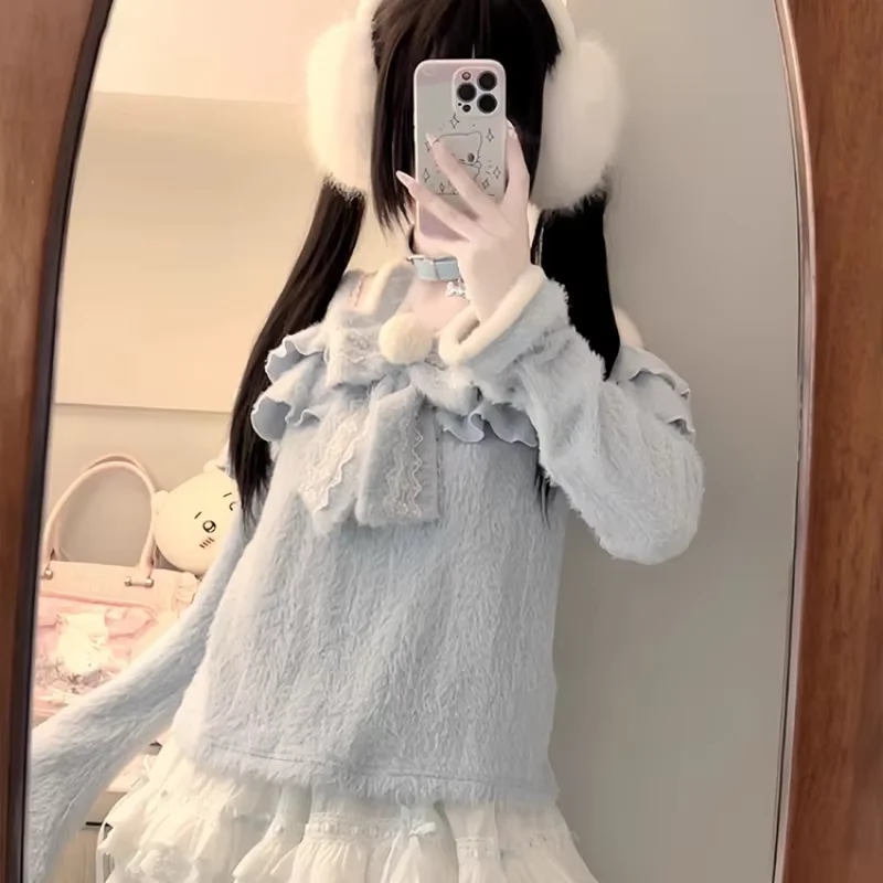 Japanese Kawaii Lolita Style Knitted Pullovers Women Cute Rabbit Ears Bow Off Shoulder Sweater Female Sweet Blue Knitwear Tops