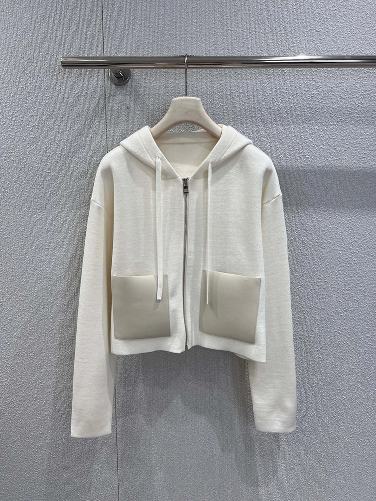 

SVORYXIU 2025 Autumn New Style Daily Casual Leather wool Zippers Hooded Knitting Cardigan Coat Women's Warm Cardigan Coat