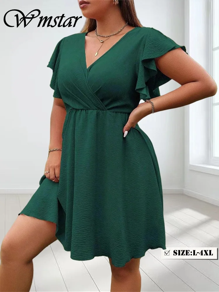 

Wmstar Plus Size Dresses for Women 2025 Summer Sweet Elegant V Neck Summer Holiday Midi Dresses Wholesale Dropshipping XL-5XL