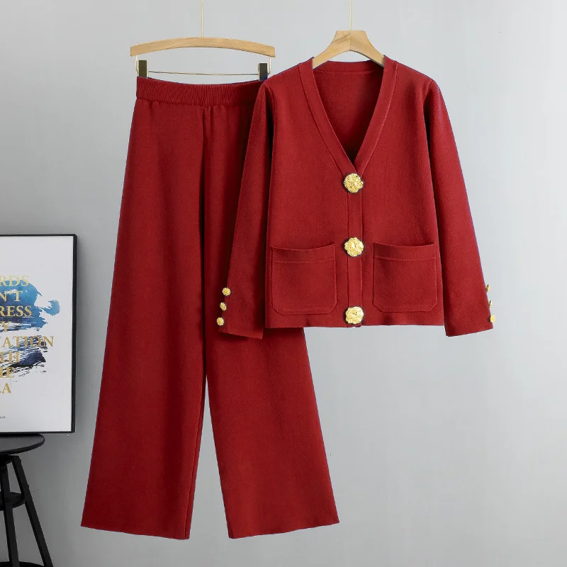 

2025 Fall Winter Women's Knit Sweater Sets Large Gold Button V-neck Cardigan Coats High Waist Baggy Wide Leg Pants Suit