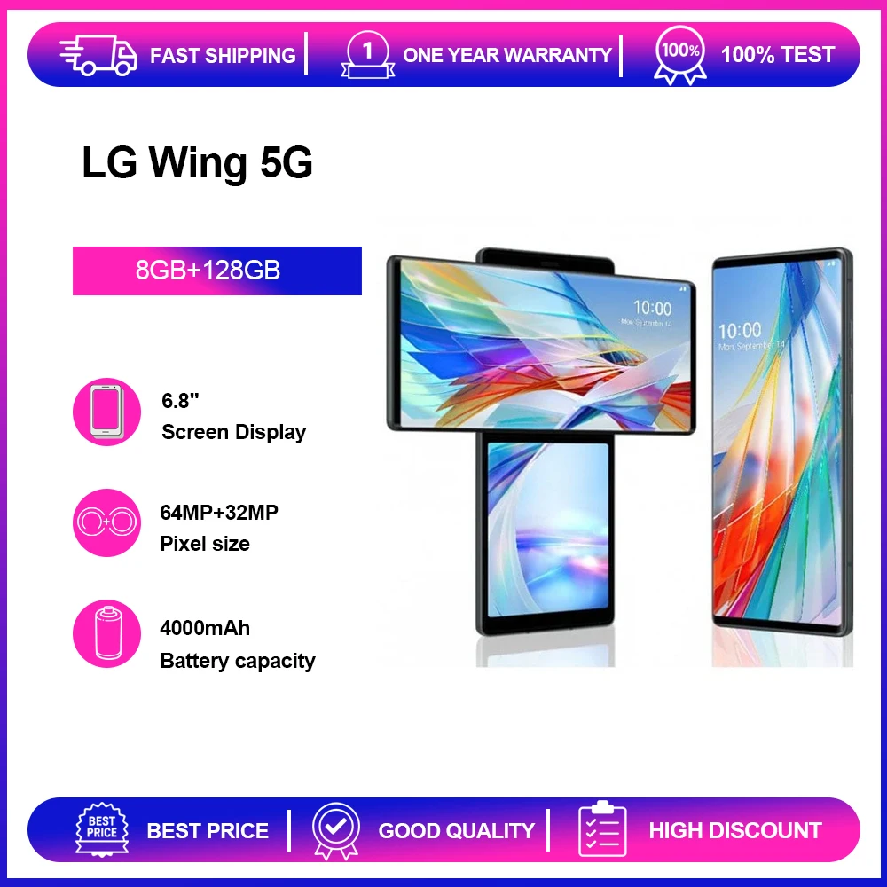 Original LG Wing 5G F100 Mobiltelefon 6,8'' 64MP Fingerabdruck Bluetooth Android Smartphone