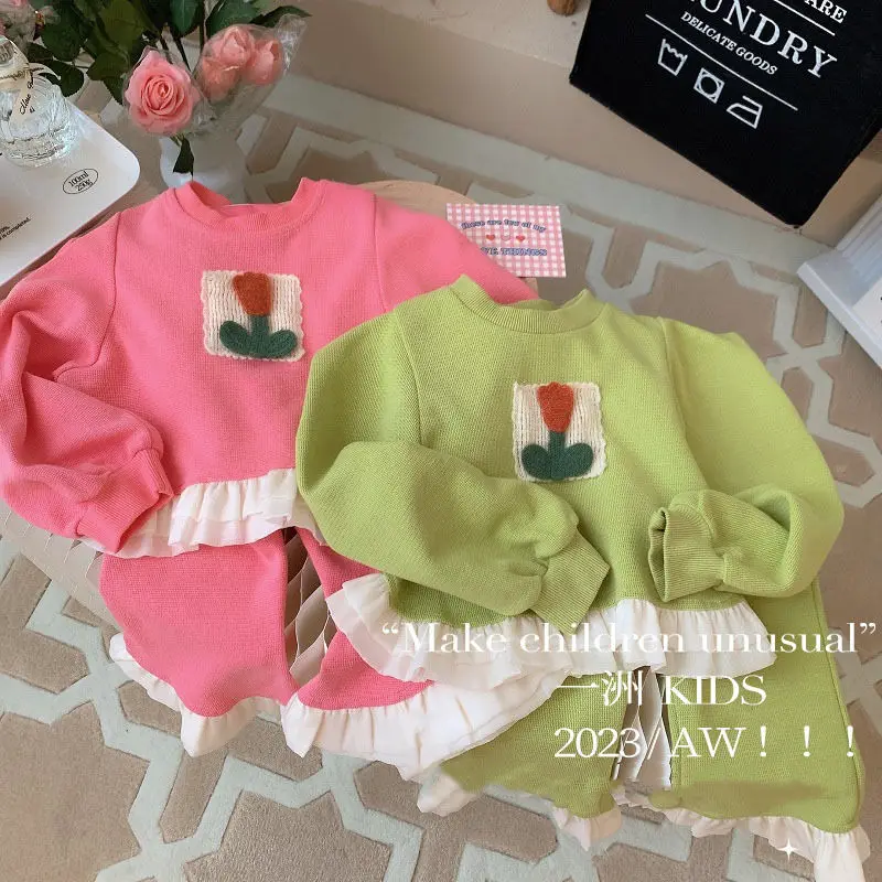 Children's Clothing Sets Floral Decoration Lace Tops + Pants 2Pcs Kids Clothes Girls for 1 To 5 Years Baby Girl Outfit Set image 2