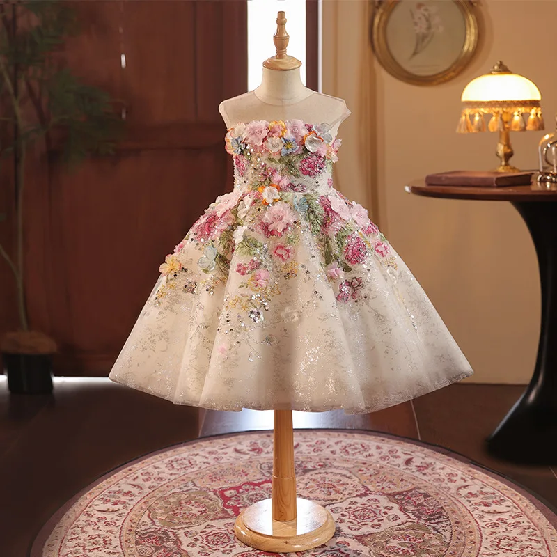 New Girls' Dress High-End French Style Birthday Flower Girl Host Piano Performance Costume Gorgeous Girl Beauty Pageant Costume