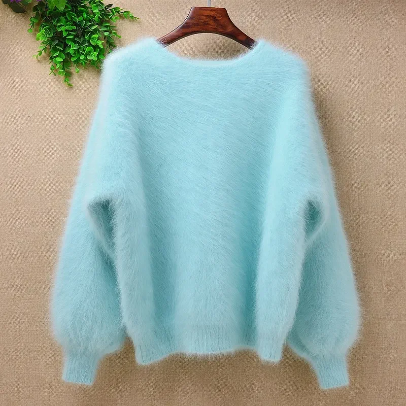 Elegant sweet pink ladies women mink cashmere long flare sleeves loose pullover angora rabbit fur winter outwear jumper sweater