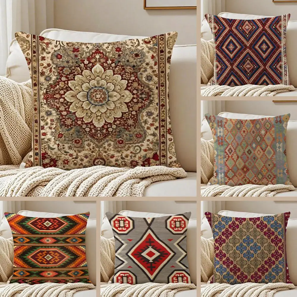 Vintage Navaho Turkish Kilim Pattern Art Cushion Cover Pillowcase Anti-dustmite Invisible Zipper Short Plush Sofa Cushion