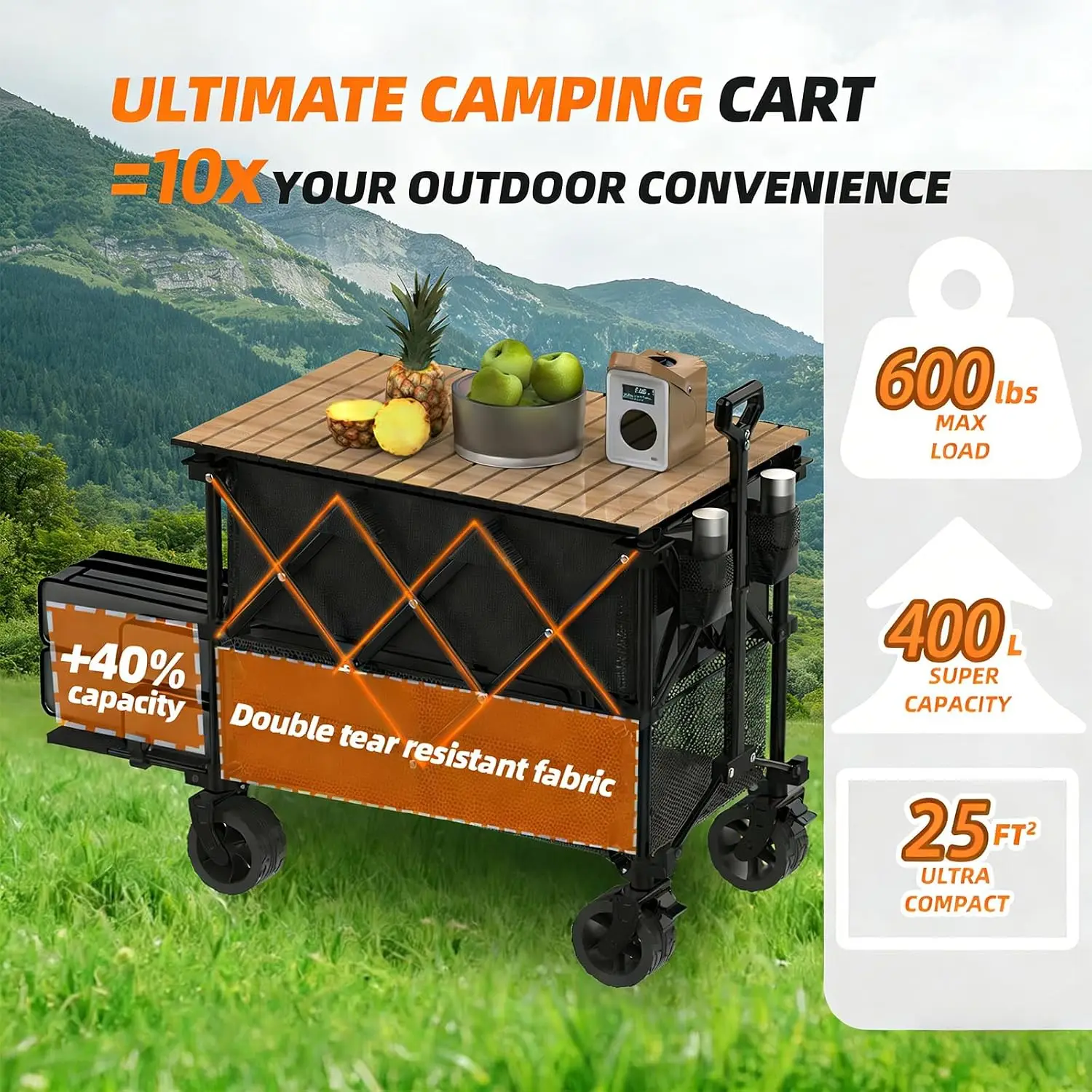Double Decker Wagon with Table Extra Long Heavy Duty Collapsible Carts | 600lb 400L Capacity, Heavy Duty Foldable