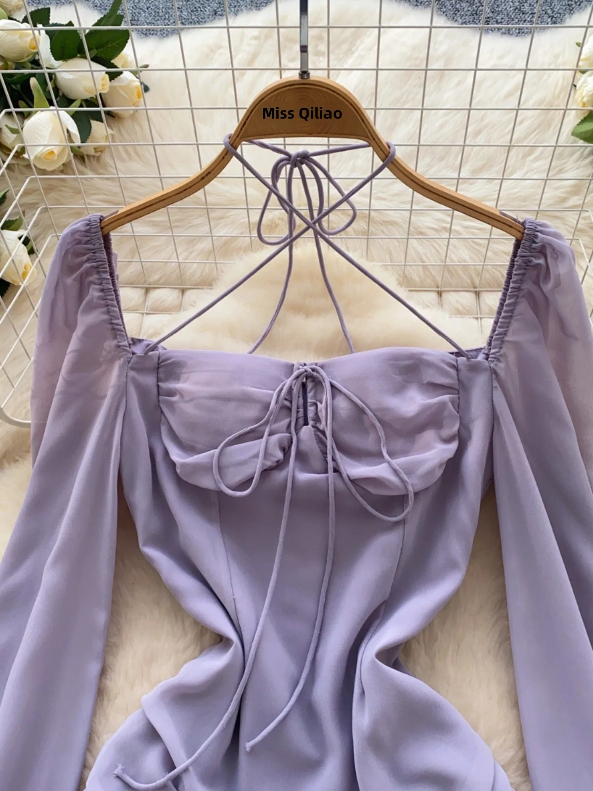 Slimming A-Line Dress Women's High Waist Long Sleeve Crossed Rope Hollow out Square Collar Midi Dress Korean Style Commute