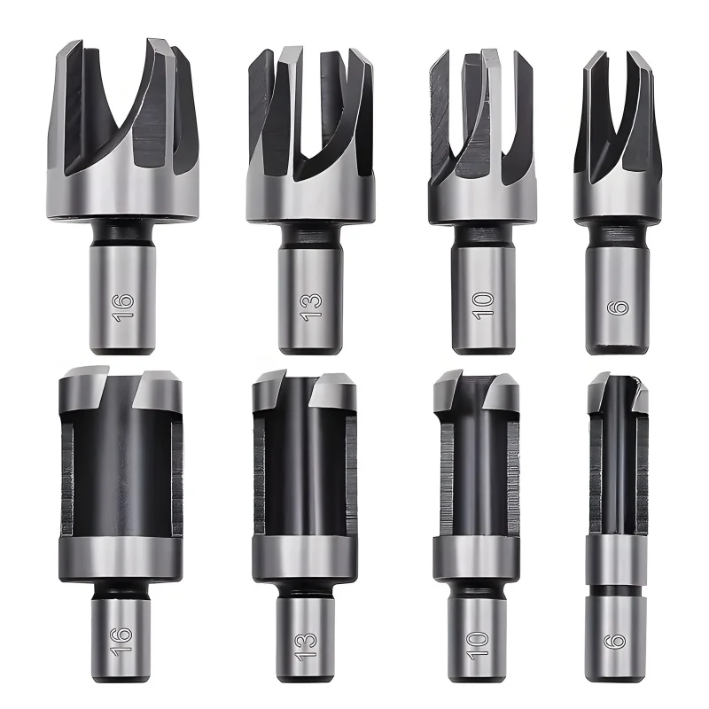 Juego de cortadores de tapón para agujeros de madera, herramientas de corte de acero con alto contenido de carbono (6/10/13/16mm), cuchillo de broca con vástago de pasador de corcho apto para carpintería, 8 Uds.