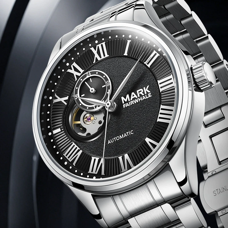 MARK FAIRWHALE Automatic Skeleton Dial Stainless Steel Bracelet High Hardness Coated Crystal 30M Splash Resistant Men Watches