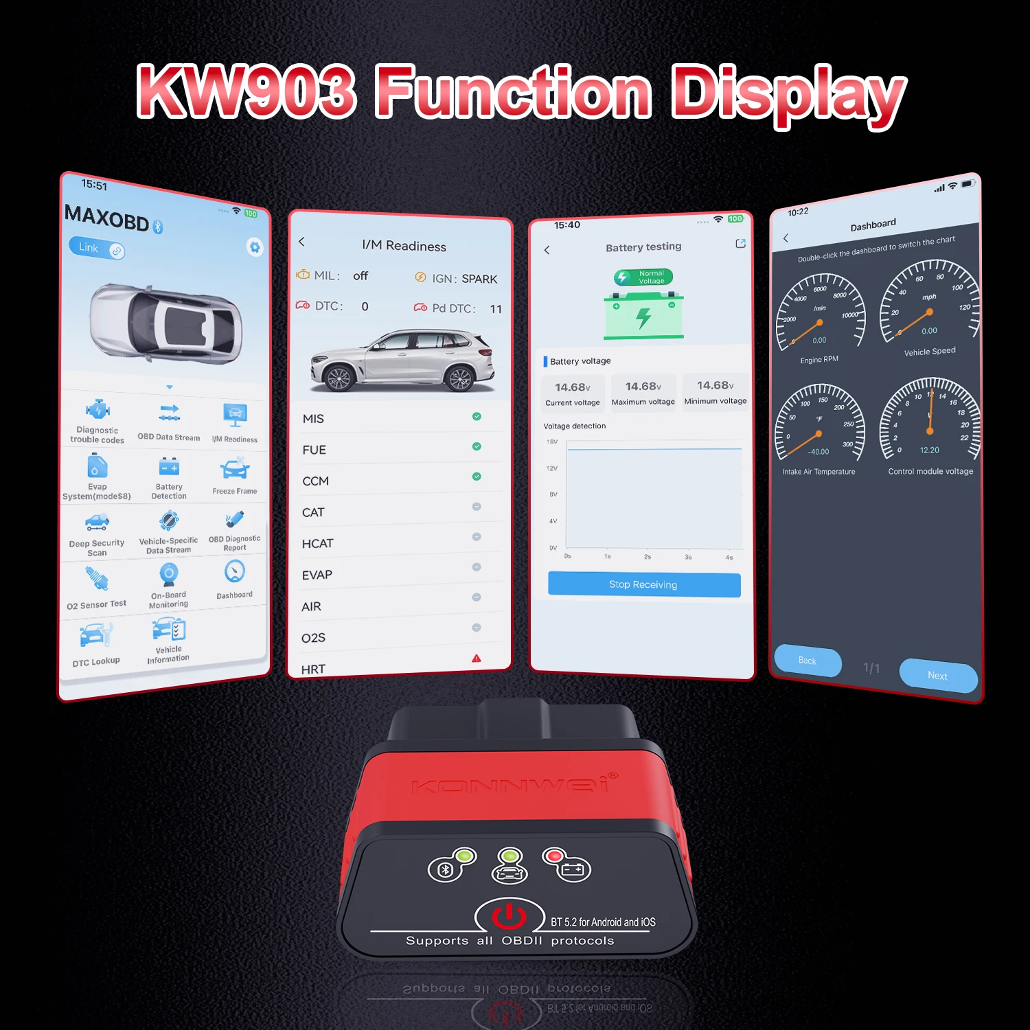2026 KONNWEI KW903 ELM327 v1.5 Bluetooth 5.0 Auto OBD2 Scanner für Android iOS OBD 2 Auto-Codeleser Automotive ICar2 PIC18F25K80 – Detail 5