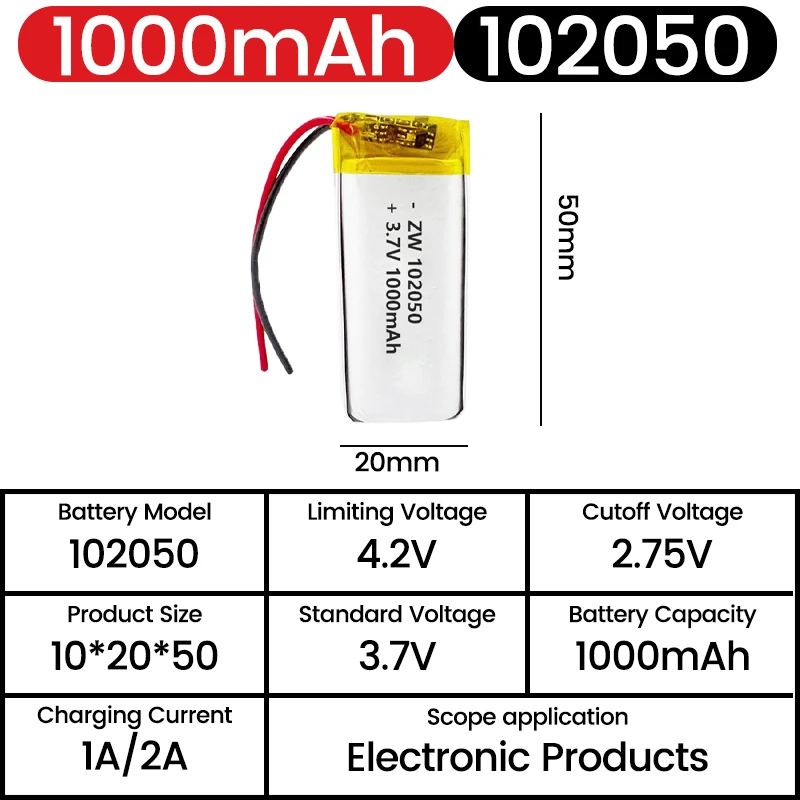 

102050 3.7V 1000mAh Lipo Cells Lithium Polymer Rechargeable Battery for Beauty Instrument GPS LED Light with PCB+PH2.0