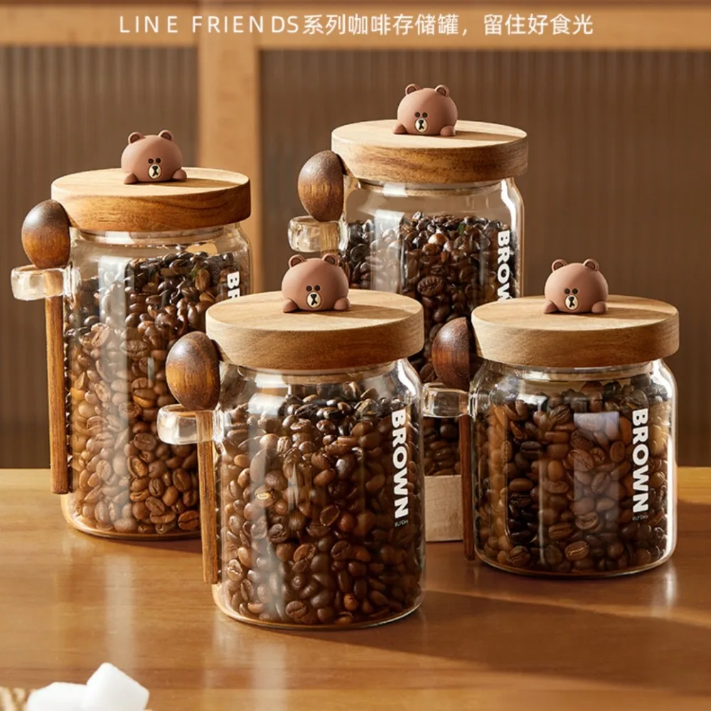 LINE FRIENDS Brown Anime Kawaii Tea Preservation Glass Seal Pot Cartoon Cute Household Coffee Bean Tea Storage Pot with Spoon