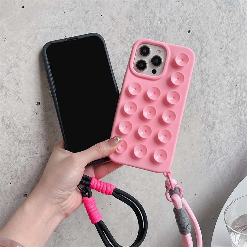 Liquid With Lanyard Soft Silicone Solid Color Large Hole Plain Suction Cup Phone Case For iPhone 11 12 13 14 15 16 Pro Max