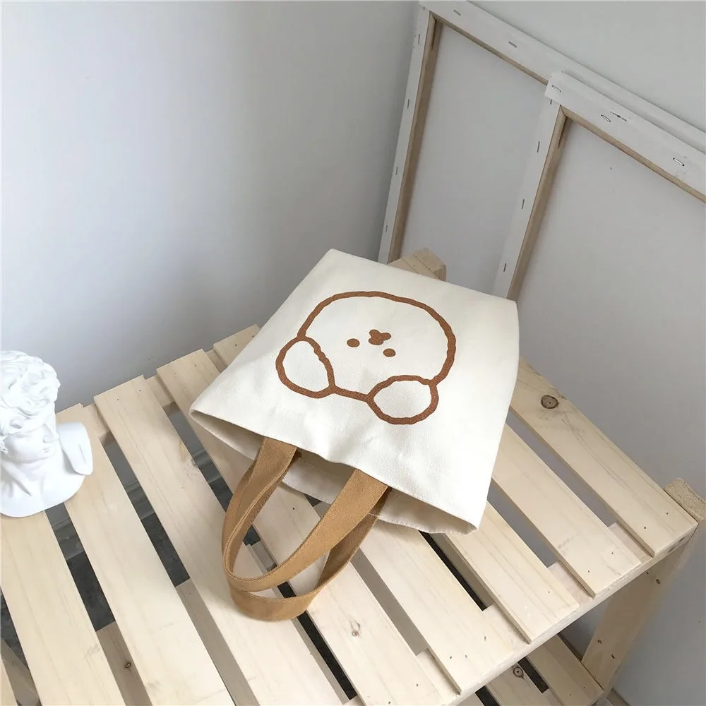 Saco de lona bonito do urso para mulheres, sacola de compras portátil dos desenhos animados, sacola ecológica de grande capacidade, bolsa de ombro