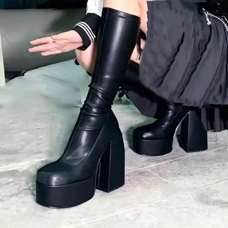 Autumn/Winter Square Headed Thick High Heels Knee-High Elastic Boots for Womens on Platform Black Knight Boot Sexy Party Pumps